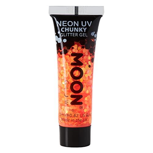 Tube of orange glitter gel with "Moon Glow" and "Neon UV" text.