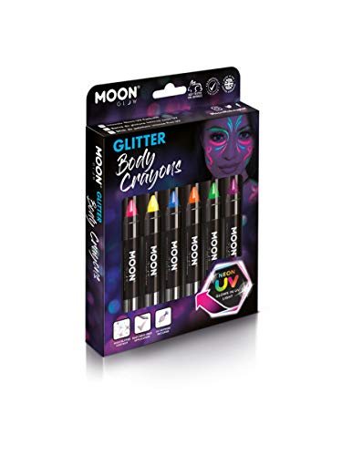 Box of six colorful glitter body crayons with face design.