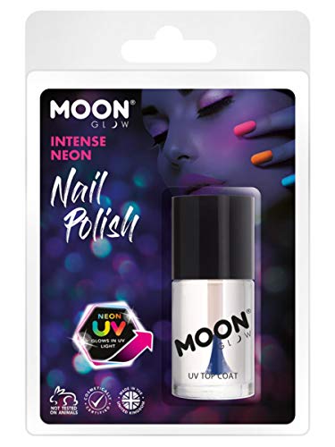 Clear nail polish bottle with “Moon Glow” label, UV reactive.