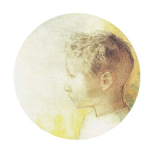 Painted portrait of a young boy in profile, circular format.