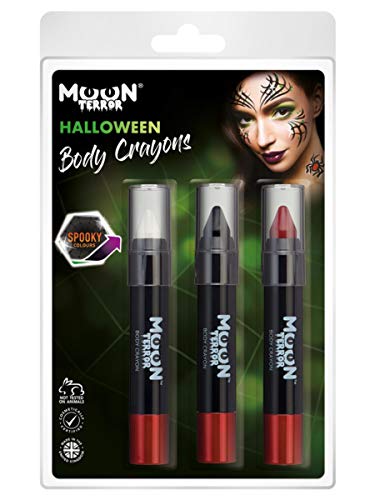 Packaged Halloween body crayons in white, black, and red shades.