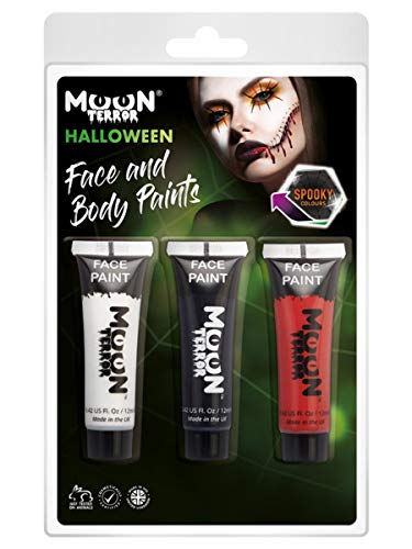 Halloween face and body paint set with white, black, and red colors.