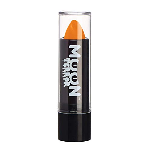 Orange lipstick in a black tube with Moon Terror branding and clear cap.