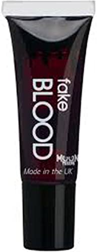 Black tube of red fake blood with "BLOOD" printed in white.