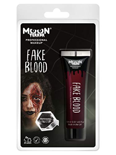 Tube of red fake blood with a face showing blood makeup.
