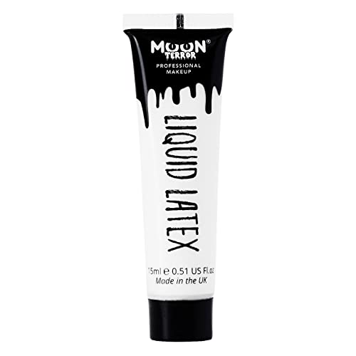 A white squeeze tube of Moon Terror liquid latex with black branding and text.