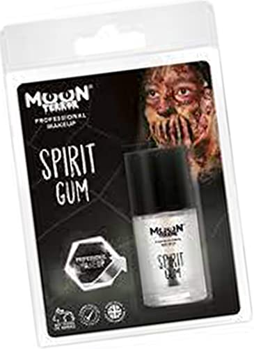Clear spirit gum in black container, packaged with horror makeup illustration.