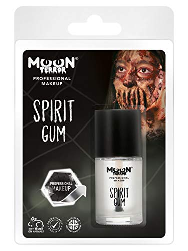 Clear spirit gum in black bottle, packaged with zombie makeup illustration.