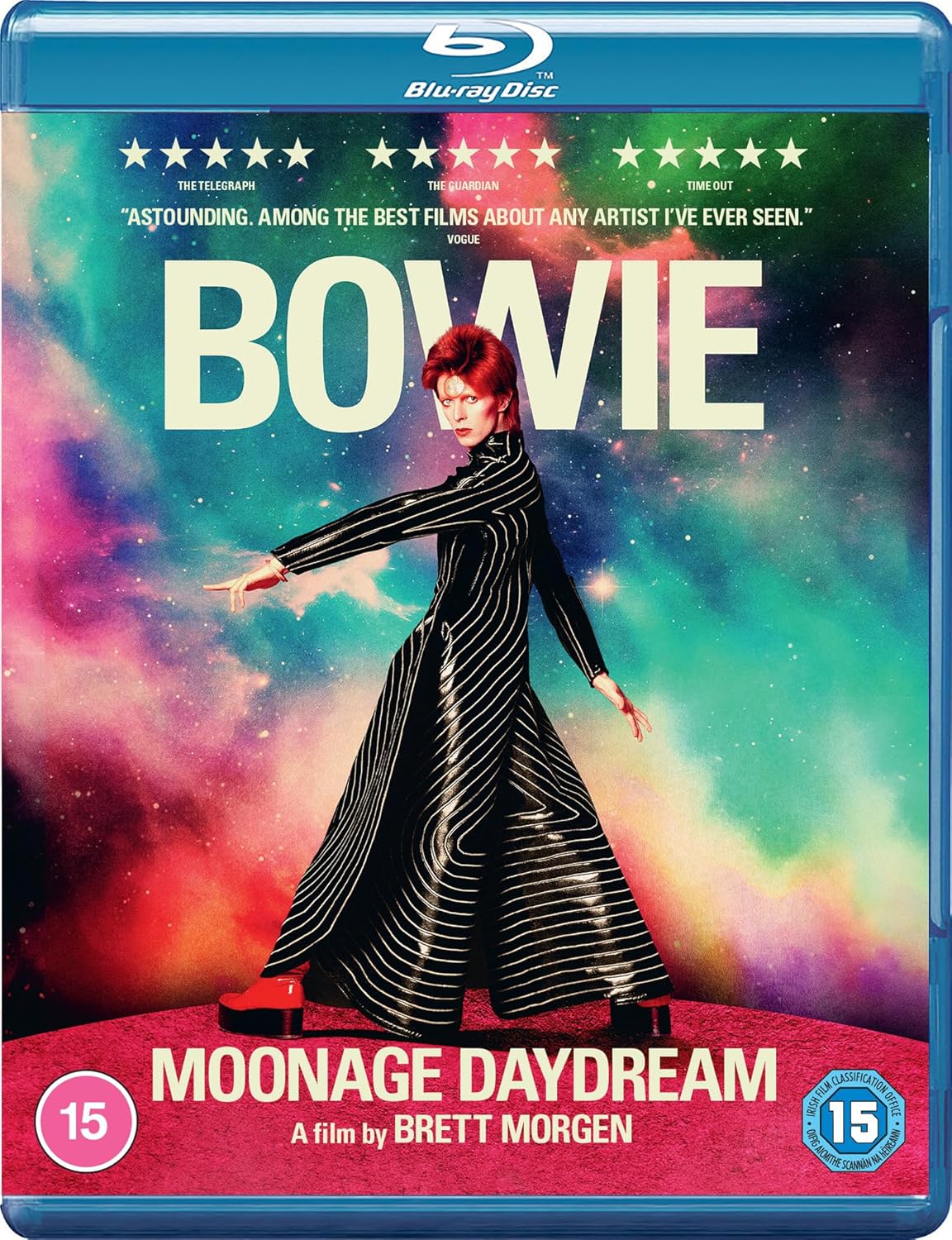 Blu-ray cover for “Moonage Daydream” featuring David Bowie in a striped suit.