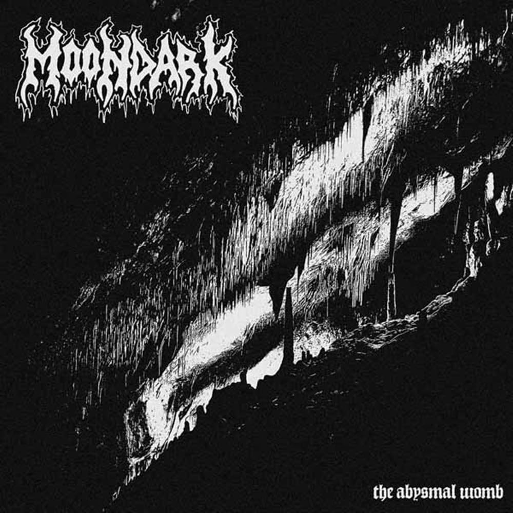 Black and white album cover with jagged, distorted imagery and band name “Moondark”.