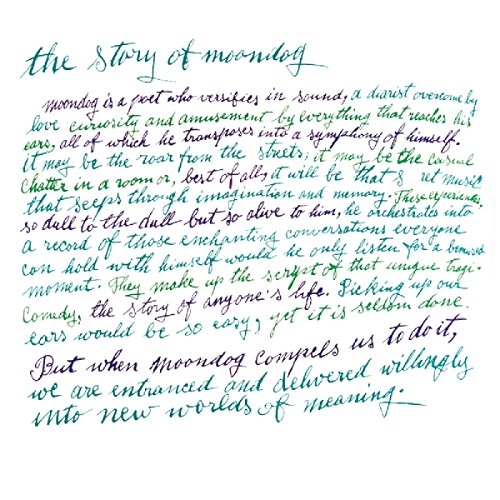 Handwritten text on a white background titled The Story of Moondog.