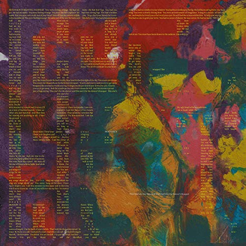 Abstract colorful painting with a profile of a face and dense text.