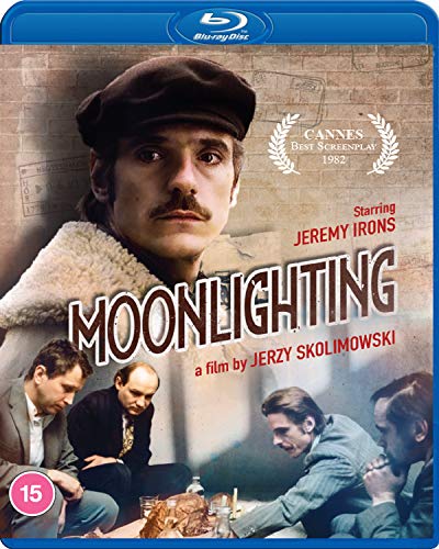 Moonlighting" Blu-ray cover featuring Jeremy Irons and men in a dimly lit room.