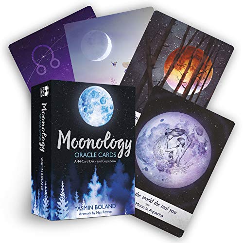 Moonology oracle card deck box and several cards featuring celestial and lunar artwork.