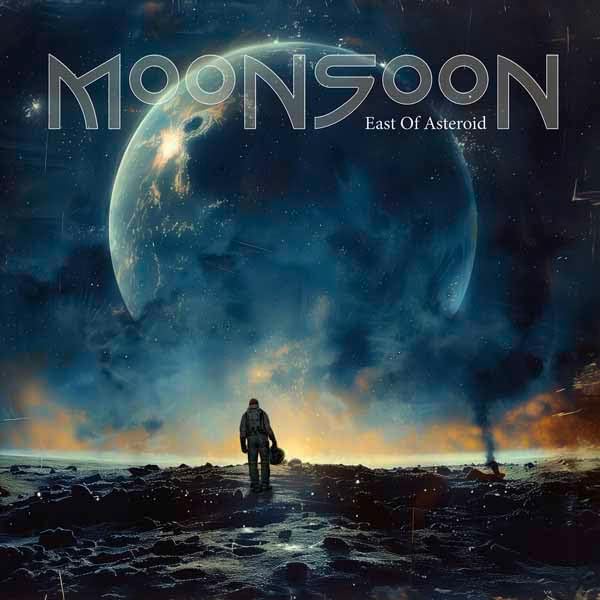 Album cover: astronaut on rocky planet, Earth and asteroid visible.