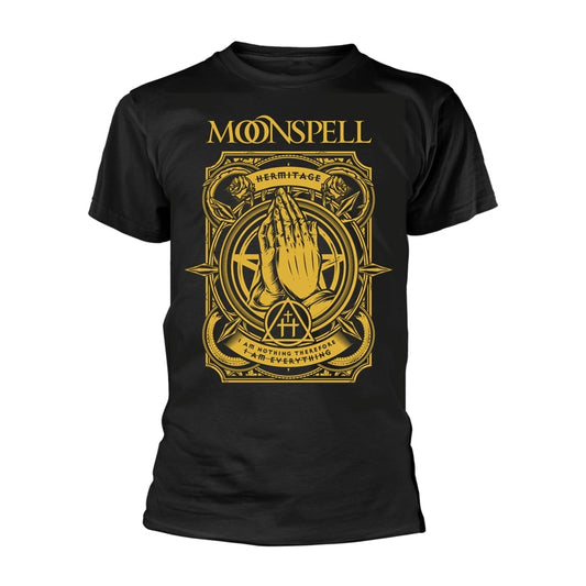 Black t-shirt with gold Moonspell band logo and ornate hand design.