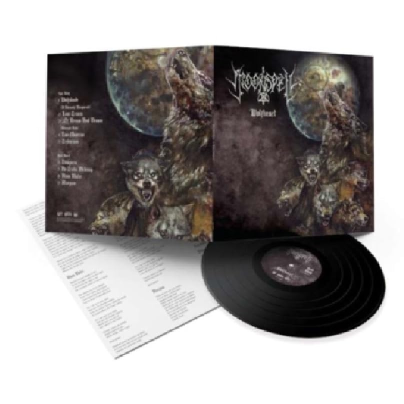 Moonspell's "Wolfheart" vinyl record with wolf imagery and tracklist.
