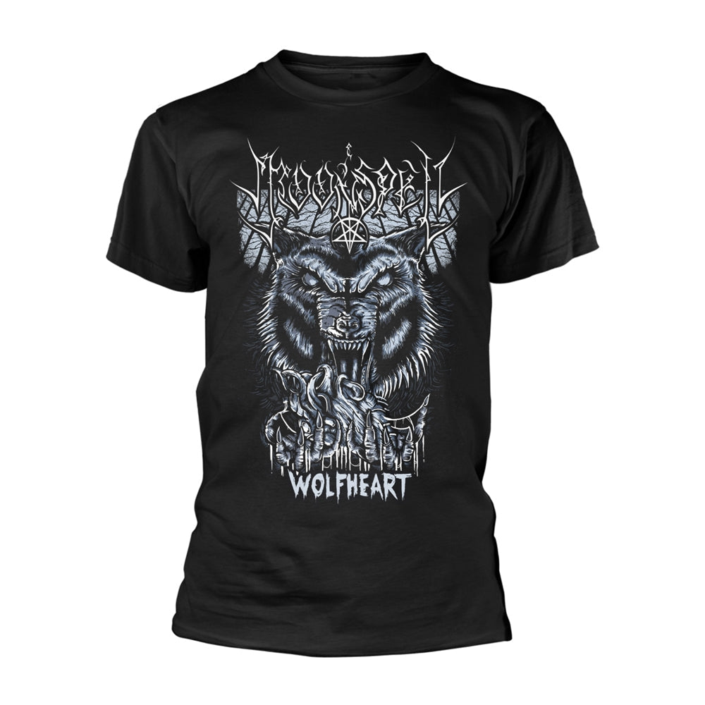 Black t-shirt with a detailed wolf and ornate text graphic.