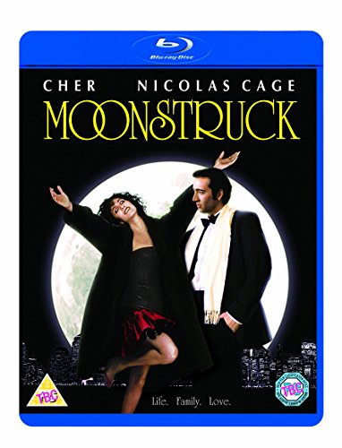Moonstruck" Blu-ray cover featuring Cher and Nicolas Cage in a romantic pose.