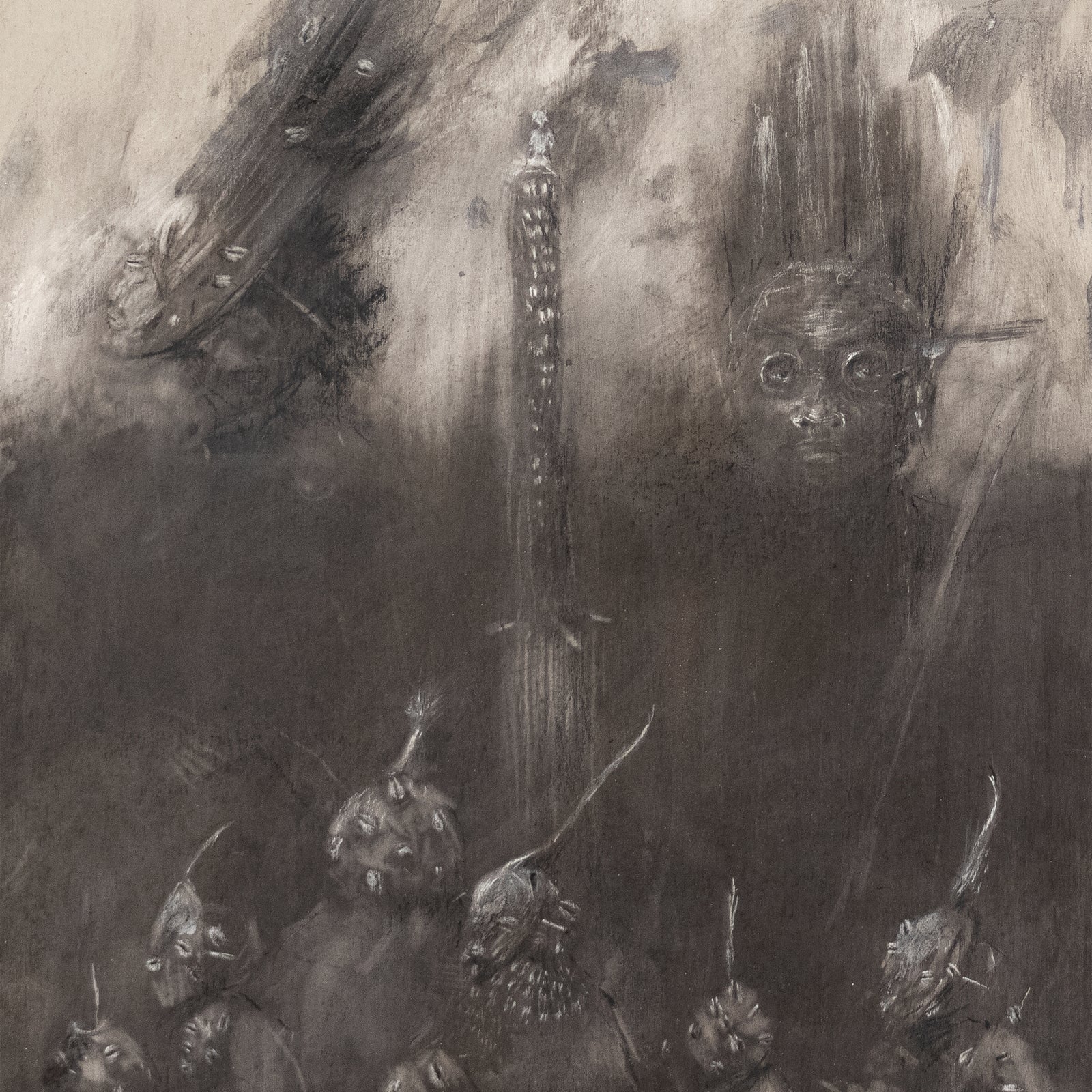 Charcoal-style illustration featuring a tall central pillar surrounded by shadowy figures and faces.