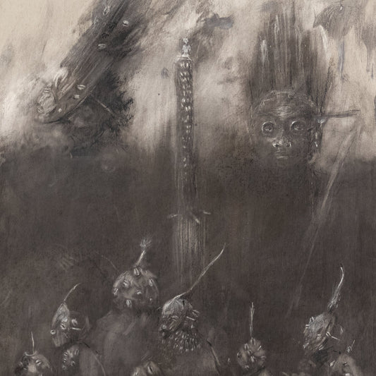 Charcoal-style illustration featuring a tall central pillar surrounded by shadowy figures and faces.