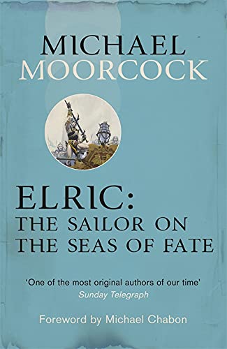Book cover with a blue background, title text, and a circular illustration of Elric.