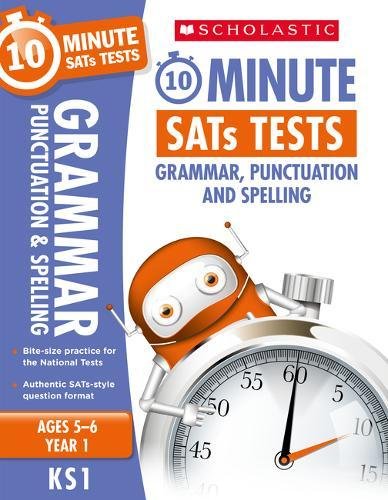 Book cover with robot, stopwatch, and text: "Grammar, Punctuation and Spelling.