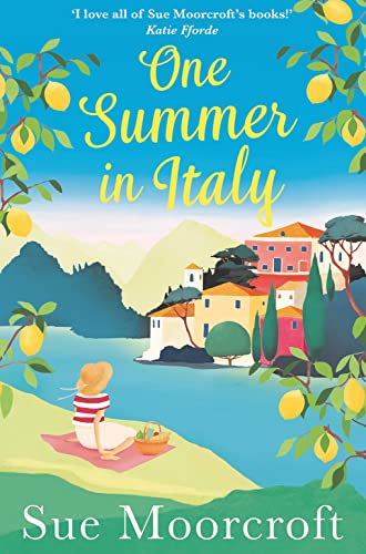 Book cover illustration featuring a woman sitting on a cliffside overlooking an Italian village.