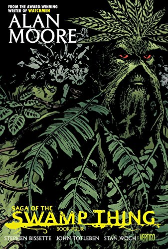 Swamp Thing book cover with a close-up of the creature’s face amidst foliage.