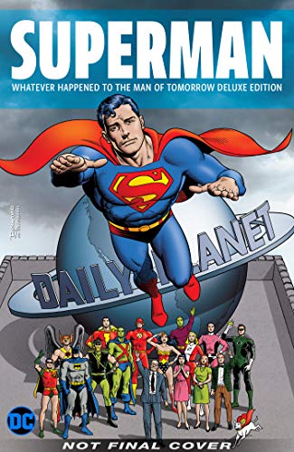 Superman flies above Earth with other DC heroes below, book cover.