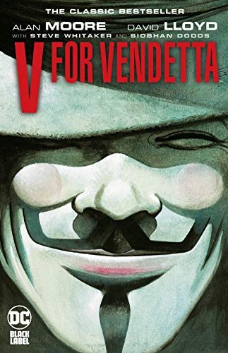 Close-up of a Guy Fawkes mask on the V for Vendetta graphic novel cover.