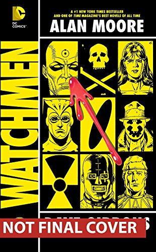 "Watchmen" comic book cover featuring yellow and black illustrations with a red smear.
