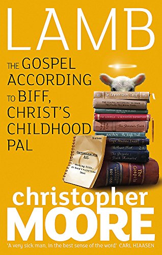 Book cover for "Lamb" with a stack of books and a lamb illustration.