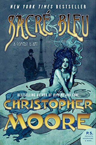 Book cover featuring a blue-toned illustration of a woman on a palette near Paris.