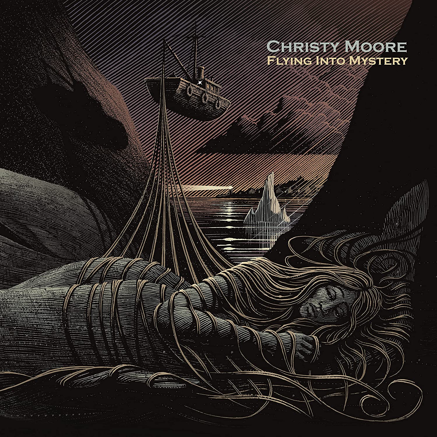 Album cover for Christy Moore’s “Flying Into Mystery” with a surreal landscape.