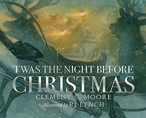 Book cover for "'Twas the Night Before Christmas" with Santa and reindeer.