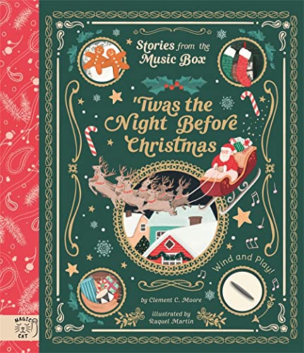 Green book cover depicting Santa in his sleigh with circular illustrations.