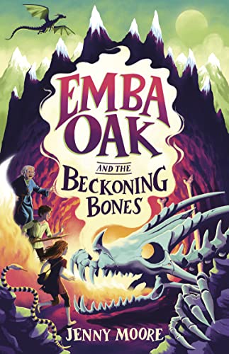 Book cover: children running from a dragon skeleton and mountains.