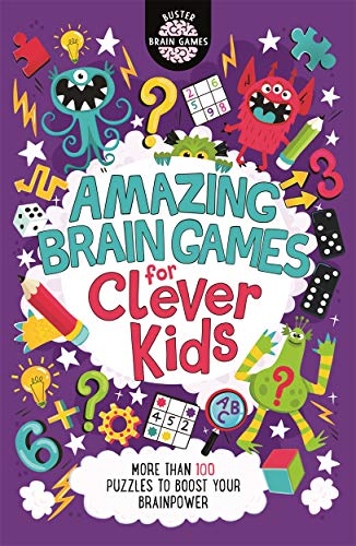 Colorful book cover with monsters, puzzles, and the title "Amazing Brain Games".