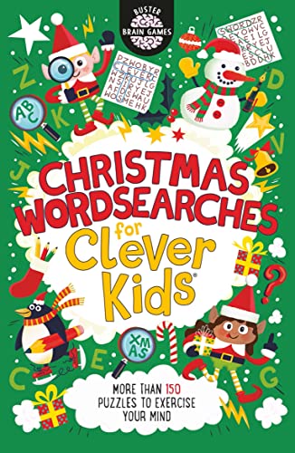 Green book cover with Christmas illustrations and large title "Christmas Wordsearches".