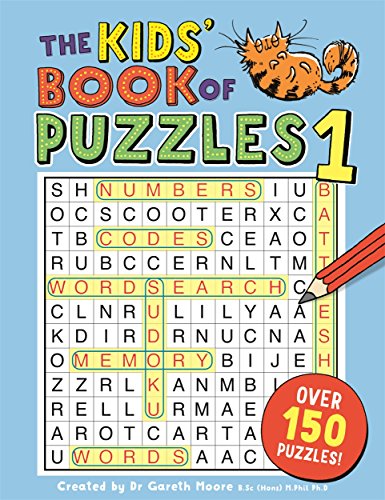 Book cover with word search puzzle, a cat, and a red pencil.