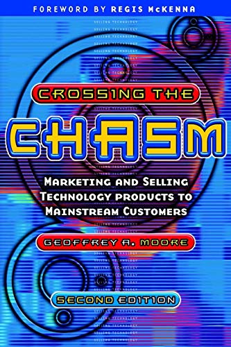 Book cover for Crossing the Chasm by Geoffrey A. Moore with blue digital background.