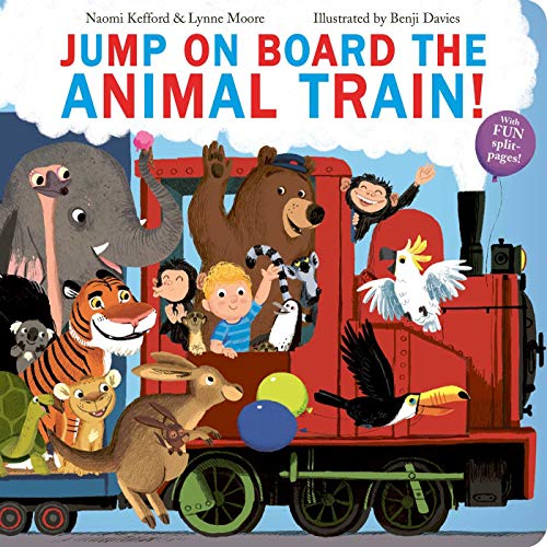 Children's book cover featuring a red train filled with diverse animals and a boy.