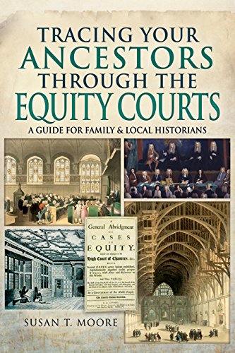 Book cover featuring historical courtroom illustrations and the title Tracing Your Ancestors Through Equity Courts.