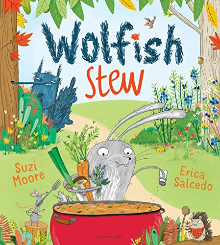 Children’s book cover: “Wolfish Stew” with rabbit, wolf, and pot of stew.