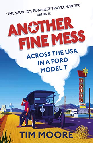 Book cover: vintage car, roadside motel, man waving, bright colors.