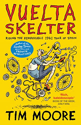 Yellow book cover with illustrated cyclist falling amidst bicycle parts.