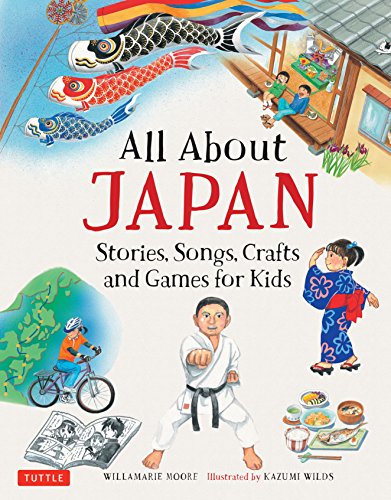 Book cover depicting Japanese culture, children, koi fish, and traditional scenes.