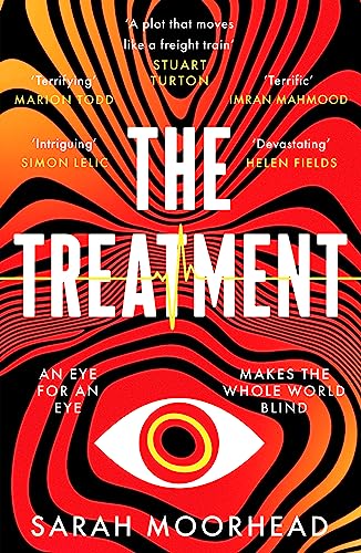 Book cover with bold red and orange swirling lines, and a central eye.