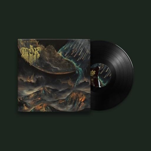 Vinyl record and album cover featuring a dark, stormy landscape with a glowing object.